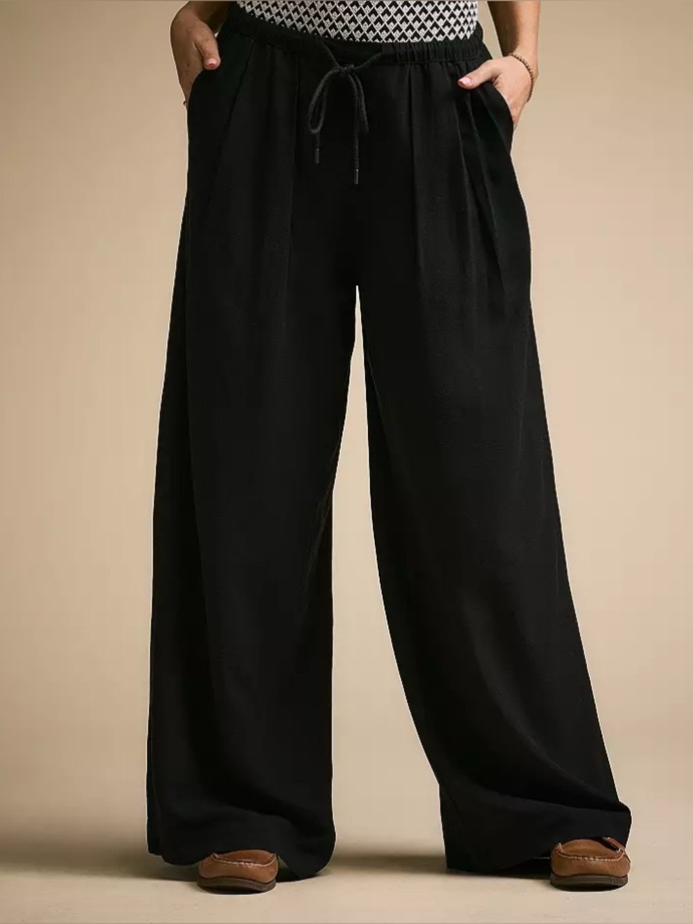 Calia Womens black pleated drawstring wide leg pants pockets XL